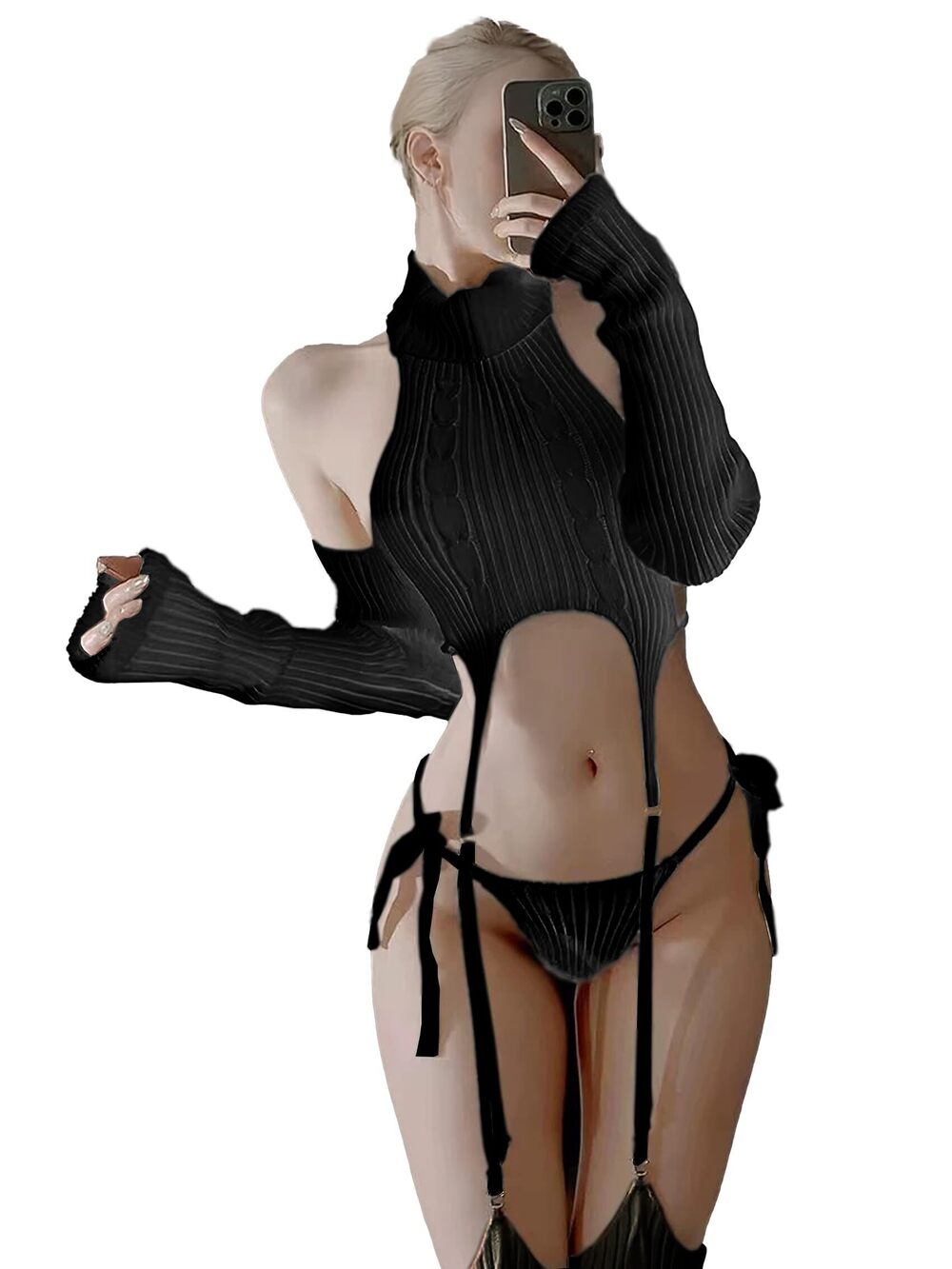 5033 White Knit Sweater Lingerie Set Halter Crop Top with Garter Design